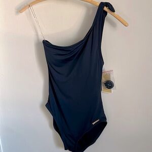 New MICHAEL Michael Kors Asymmetrical One Shoulder Solid Navy Bathing Suit